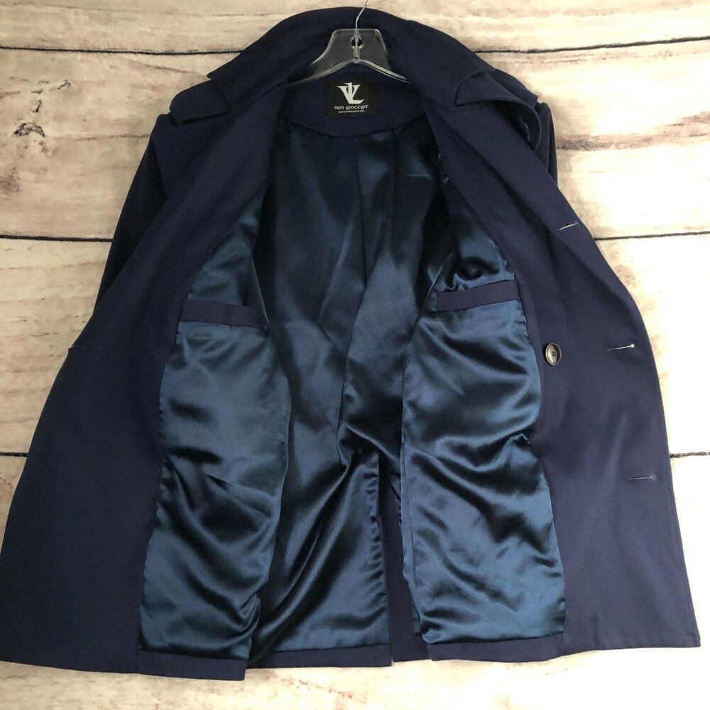 Von Lancelot Trench Coat S Navy Blue Double Breasted Jacket Military Goth Punk - Picture 10 of 16